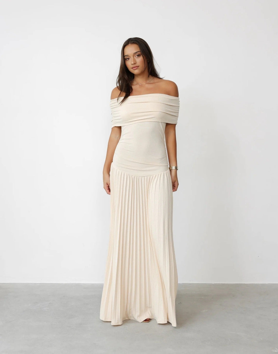 Celeste - Flowy Women's Wedding Guest Maxi Dress with Off Shoulder Ruched Bodice and Pleated Skirt