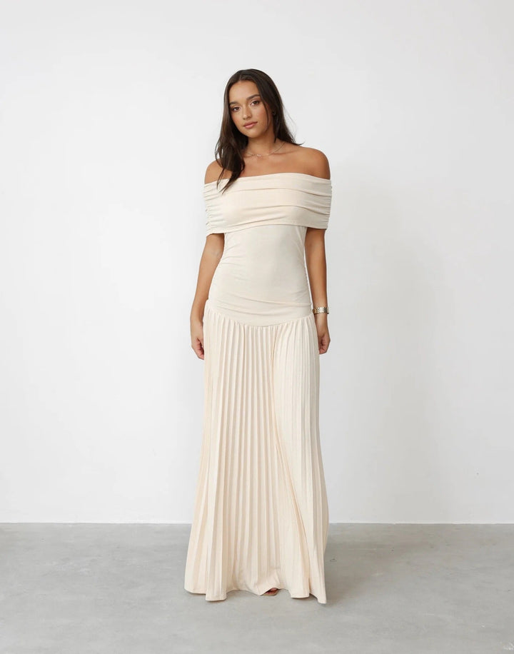 Celeste - Flowy Women's Wedding Guest Maxi Dress with Off Shoulder Ruched Bodice and Pleated Skirt