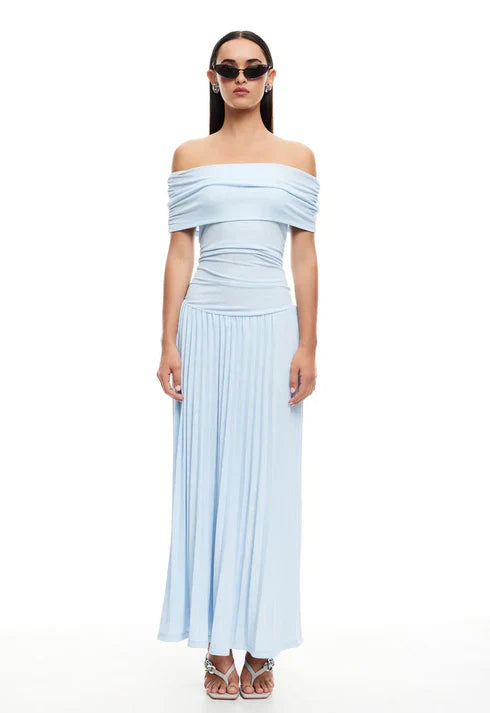 Celeste - Flowy Women's Wedding Guest Maxi Dress with Off Shoulder Ruched Bodice and Pleated Skirt