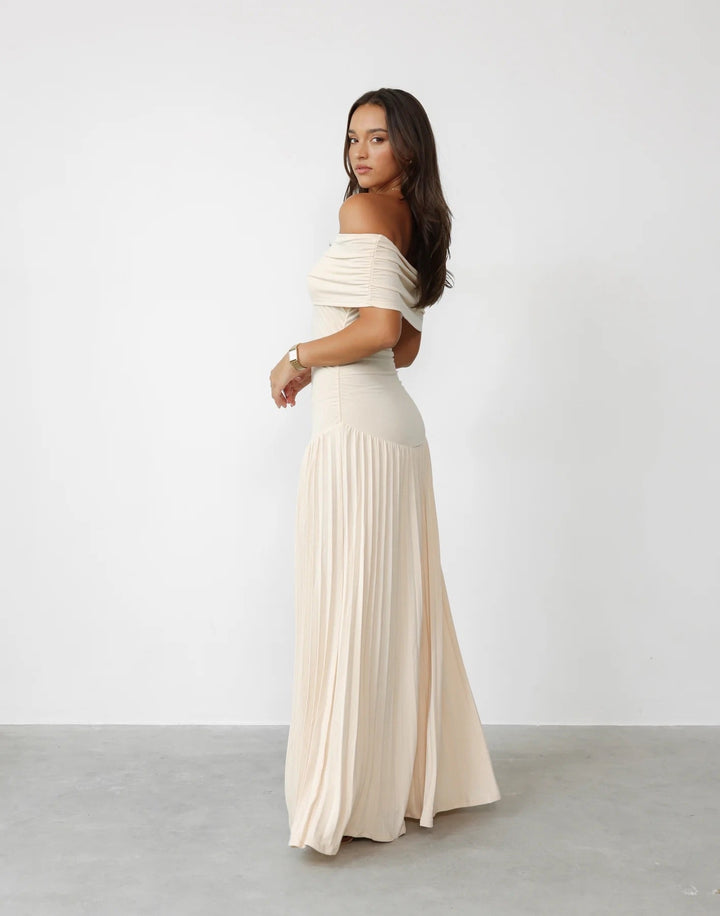 Celeste - Flowy Women's Wedding Guest Maxi Dress with Off Shoulder Ruched Bodice and Pleated Skirt