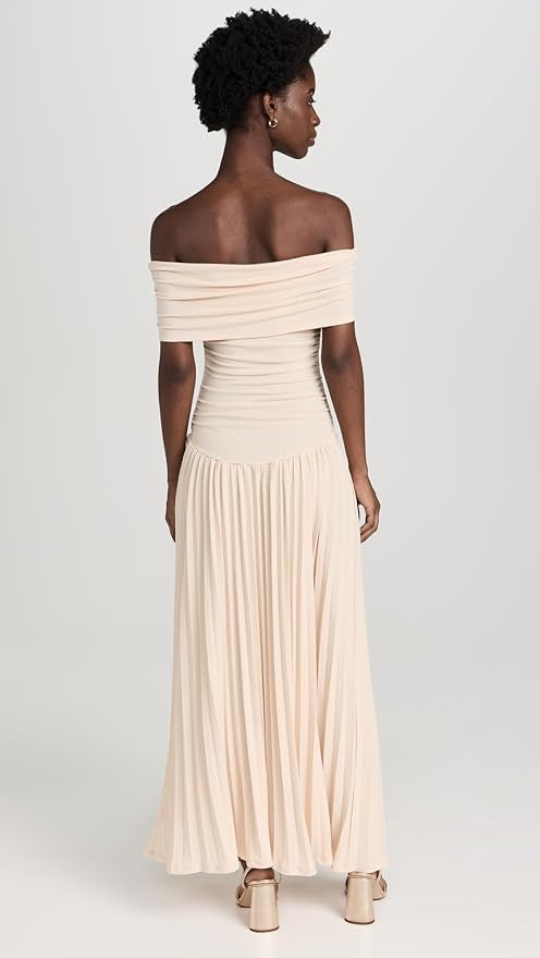 Celeste - Flowy Women's Wedding Guest Maxi Dress with Off Shoulder Ruched Bodice and Pleated Skirt
