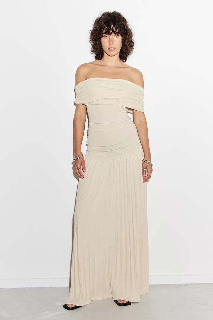 Celeste - Flowy Women's Wedding Guest Maxi Dress with Off Shoulder Ruched Bodice and Pleated Skirt