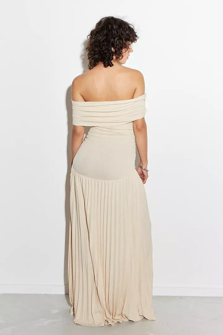 Celeste - Flowy Women's Wedding Guest Maxi Dress with Off Shoulder Ruched Bodice and Pleated Skirt