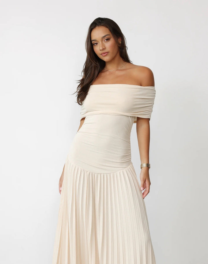 Celeste - Flowy Women's Wedding Guest Maxi Dress with Off Shoulder Ruched Bodice and Pleated Skirt