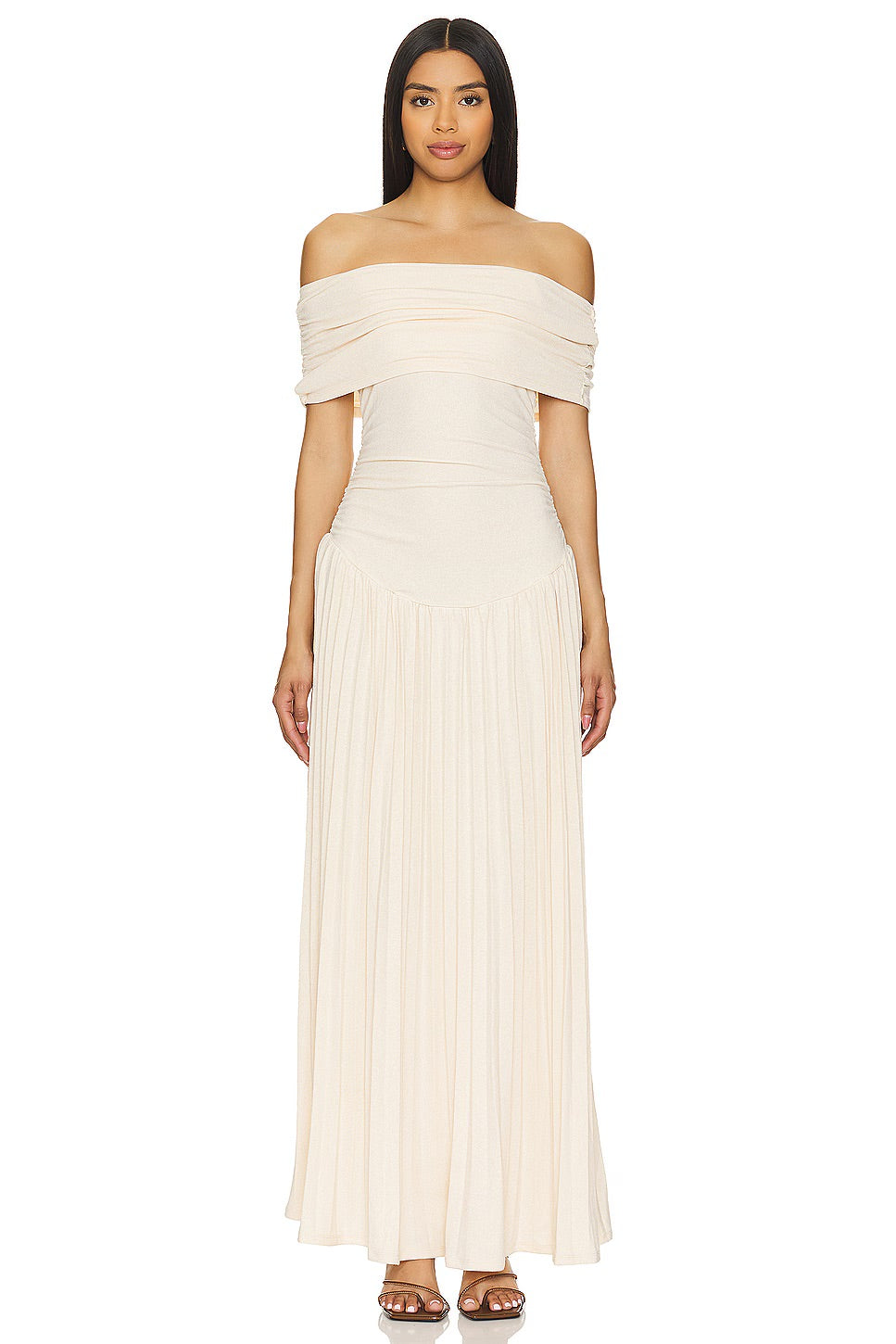 Celeste - Flowy Women's Wedding Guest Maxi Dress with Off Shoulder Ruched Bodice and Pleated Skirt