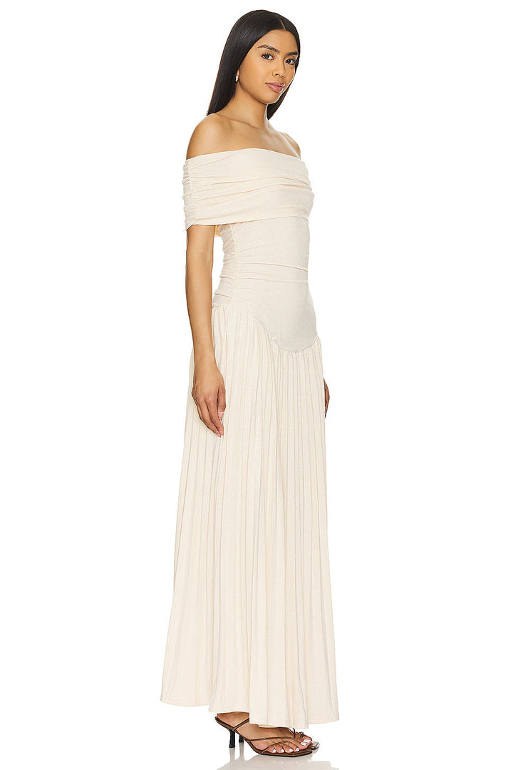 Celeste - Flowy Women's Wedding Guest Maxi Dress with Off Shoulder Ruched Bodice and Pleated Skirt