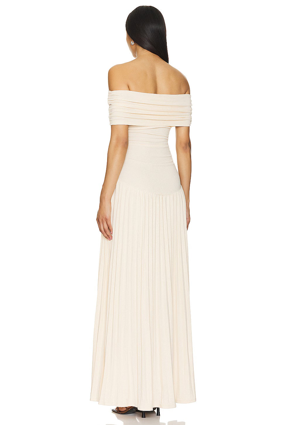 Celeste - Flowy Women's Wedding Guest Maxi Dress with Off Shoulder Ruched Bodice and Pleated Skirt