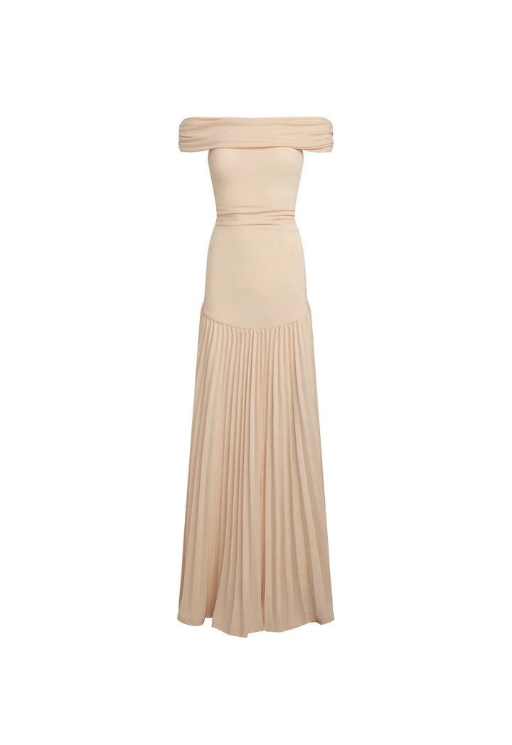 Celeste - Flowy Women's Wedding Guest Maxi Dress with Off Shoulder Ruched Bodice and Pleated Skirt