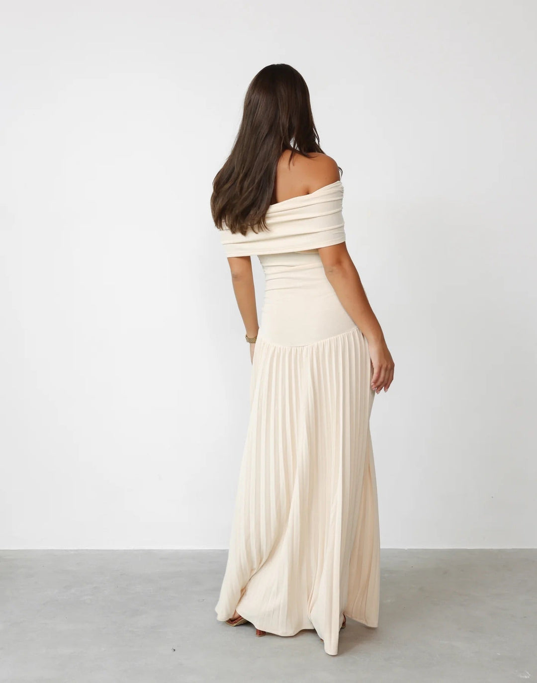 Celeste - Flowy Women's Wedding Guest Maxi Dress with Off Shoulder Ruched Bodice and Pleated Skirt