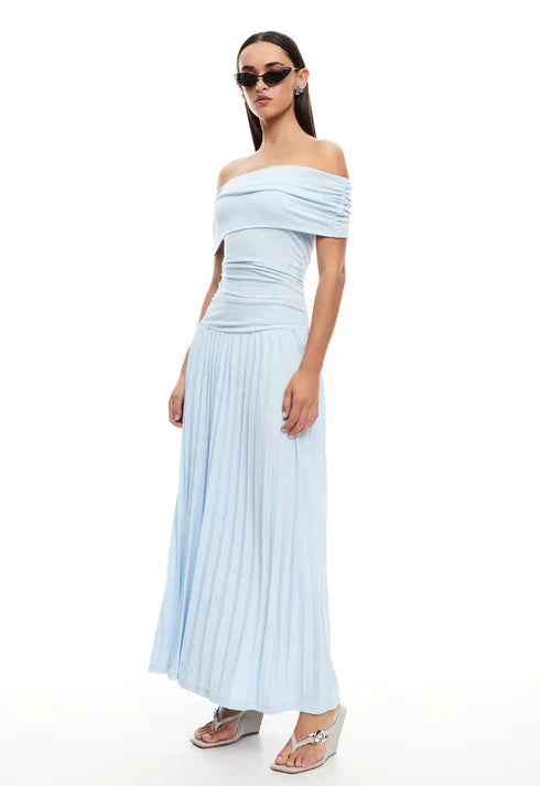 Celeste - Flowy Women's Wedding Guest Maxi Dress with Off Shoulder Ruched Bodice and Pleated Skirt