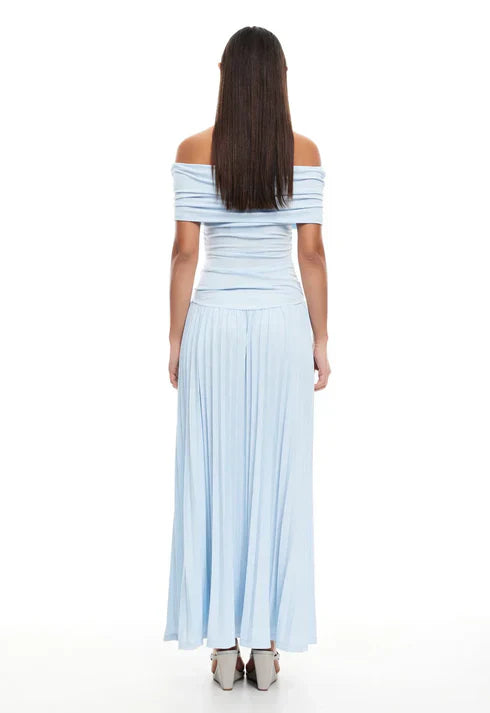 Celeste - Flowy Women's Wedding Guest Maxi Dress with Off Shoulder Ruched Bodice and Pleated Skirt