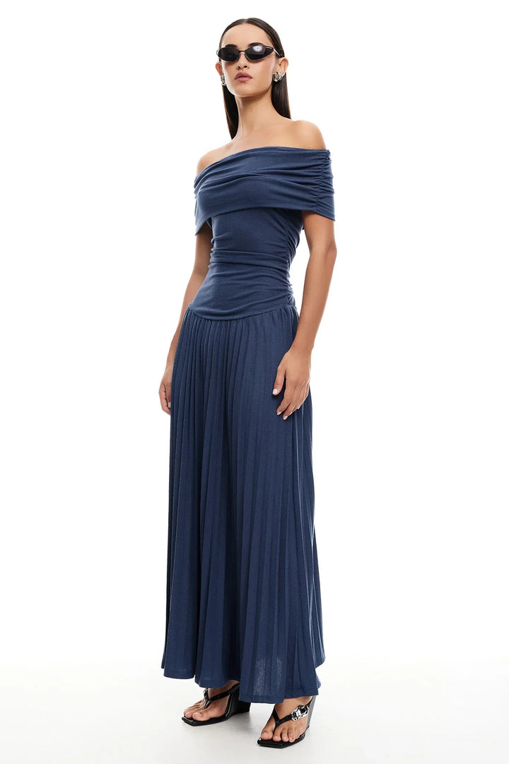 Celeste - Flowy Women's Wedding Guest Maxi Dress with Off Shoulder Ruched Bodice and Pleated Skirt