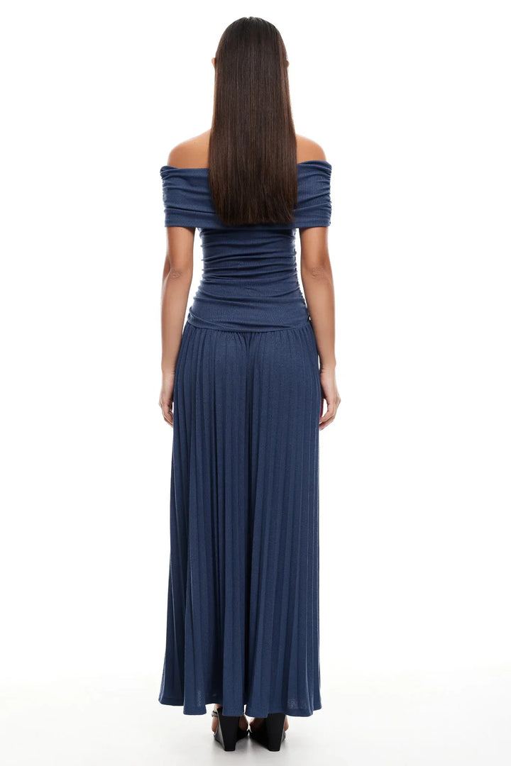 Celeste - Flowy Women's Wedding Guest Maxi Dress with Off Shoulder Ruched Bodice and Pleated Skirt