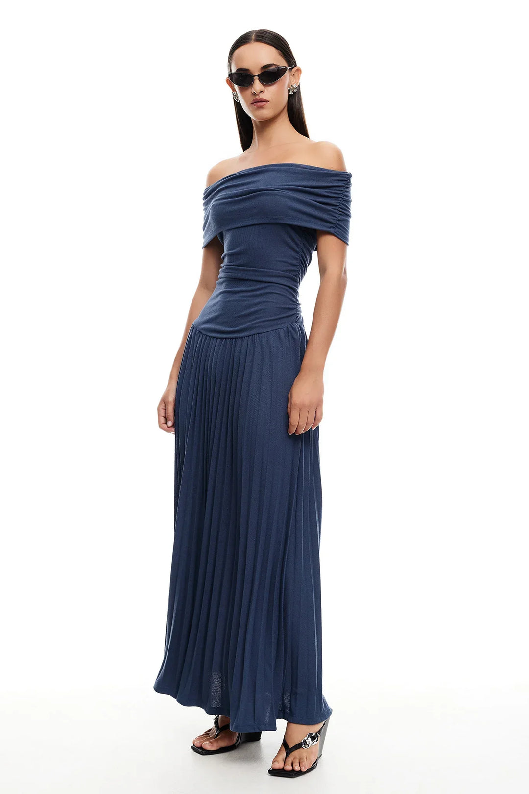 Celeste - Flowy Women's Wedding Guest Maxi Dress with Off Shoulder Ruched Bodice and Pleated Skirt