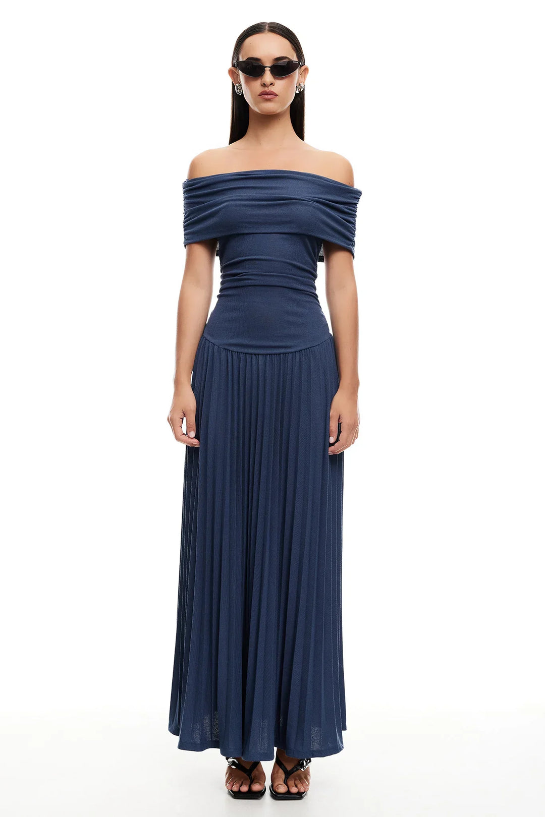 Celeste - Flowy Women's Wedding Guest Maxi Dress with Off Shoulder Ruched Bodice and Pleated Skirt