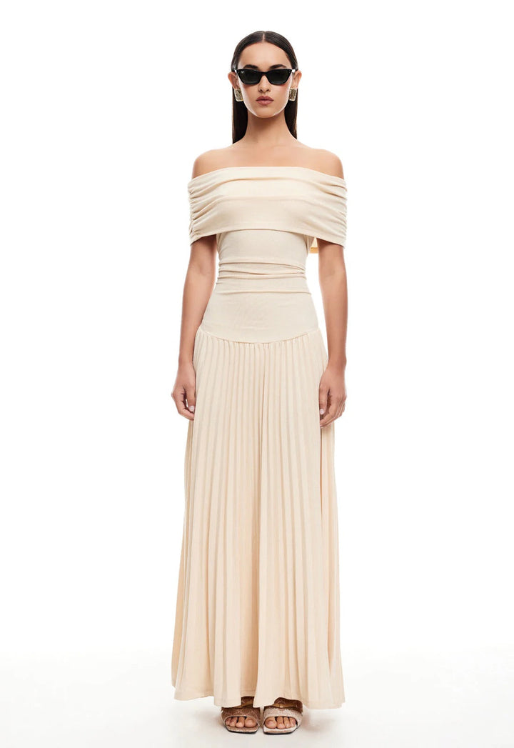 Celeste - Flowy Women's Wedding Guest Maxi Dress with Off Shoulder Ruched Bodice and Pleated Skirt
