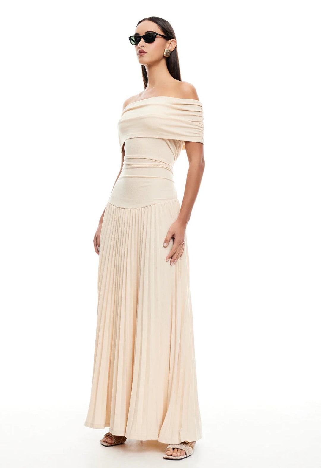 Celeste - Flowy Women's Wedding Guest Maxi Dress with Off Shoulder Ruched Bodice and Pleated Skirt