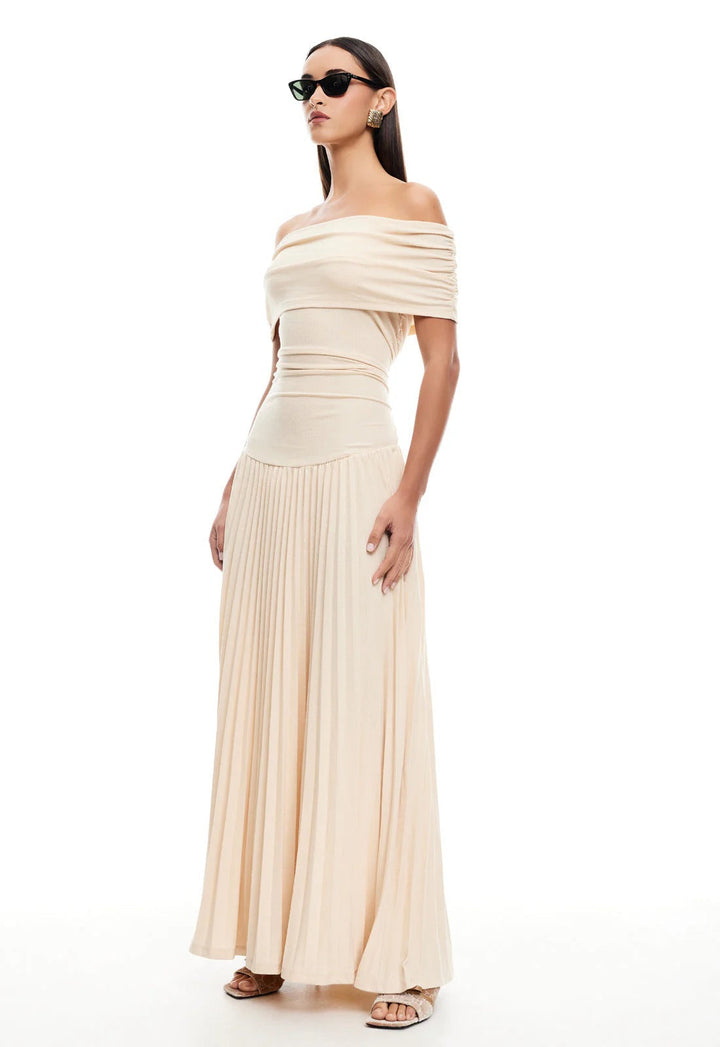 Celeste - Flowy Women's Wedding Guest Maxi Dress with Off Shoulder Ruched Bodice and Pleated Skirt