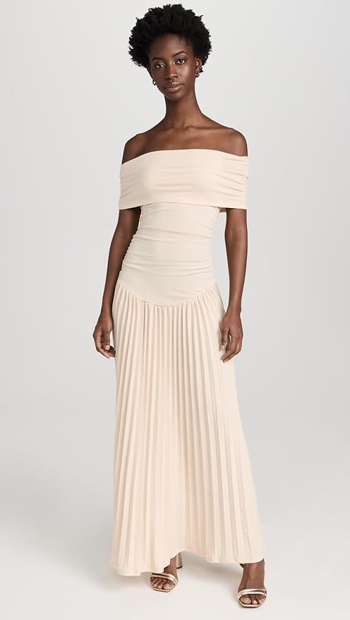 Celeste - Flowy Women's Wedding Guest Maxi Dress with Off Shoulder Ruched Bodice and Pleated Skirt