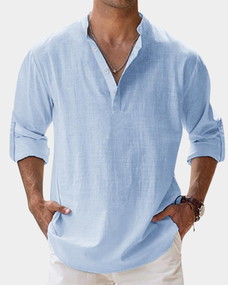 Charlie - Casual Men's Linen Shirt with Henley Collar and Roll-Up Sleeves