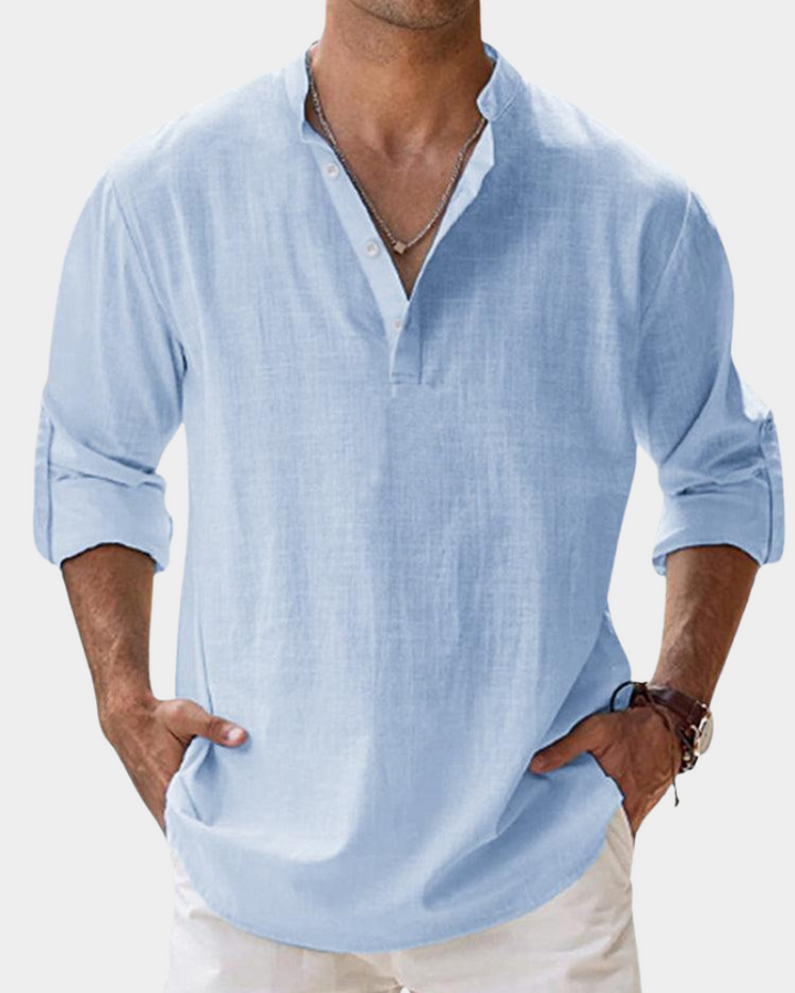 Charlie - Casual Men's Linen Shirt with Henley Collar and Roll-Up Sleeves