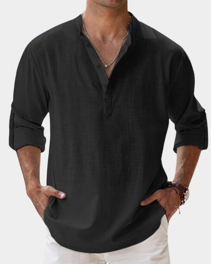Charlie - Casual Men's Linen Shirt with Henley Collar and Roll-Up Sleeves
