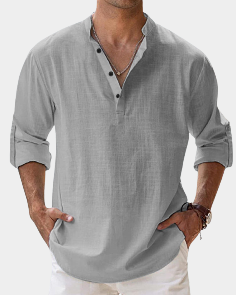 Charlie - Casual Men's Linen Shirt with Henley Collar and Roll-Up Sleeves
