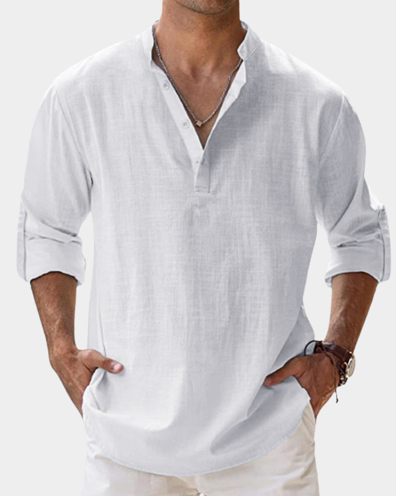 Charlie - Casual Men's Linen Shirt with Henley Collar and Roll-Up Sleeves