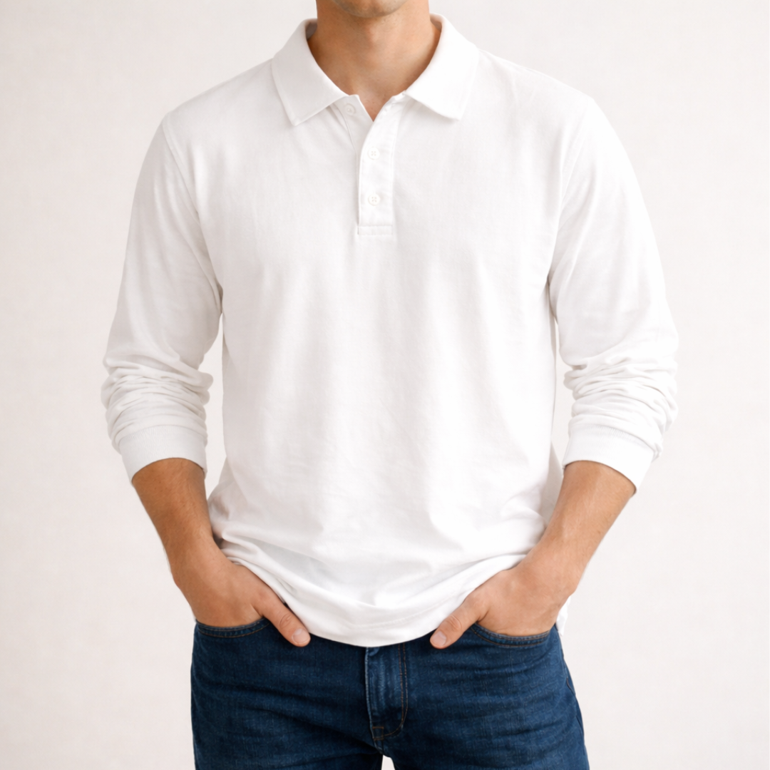 Charlie - Men's casual knitted polo shirt with long sleeve and ribbed cuffs