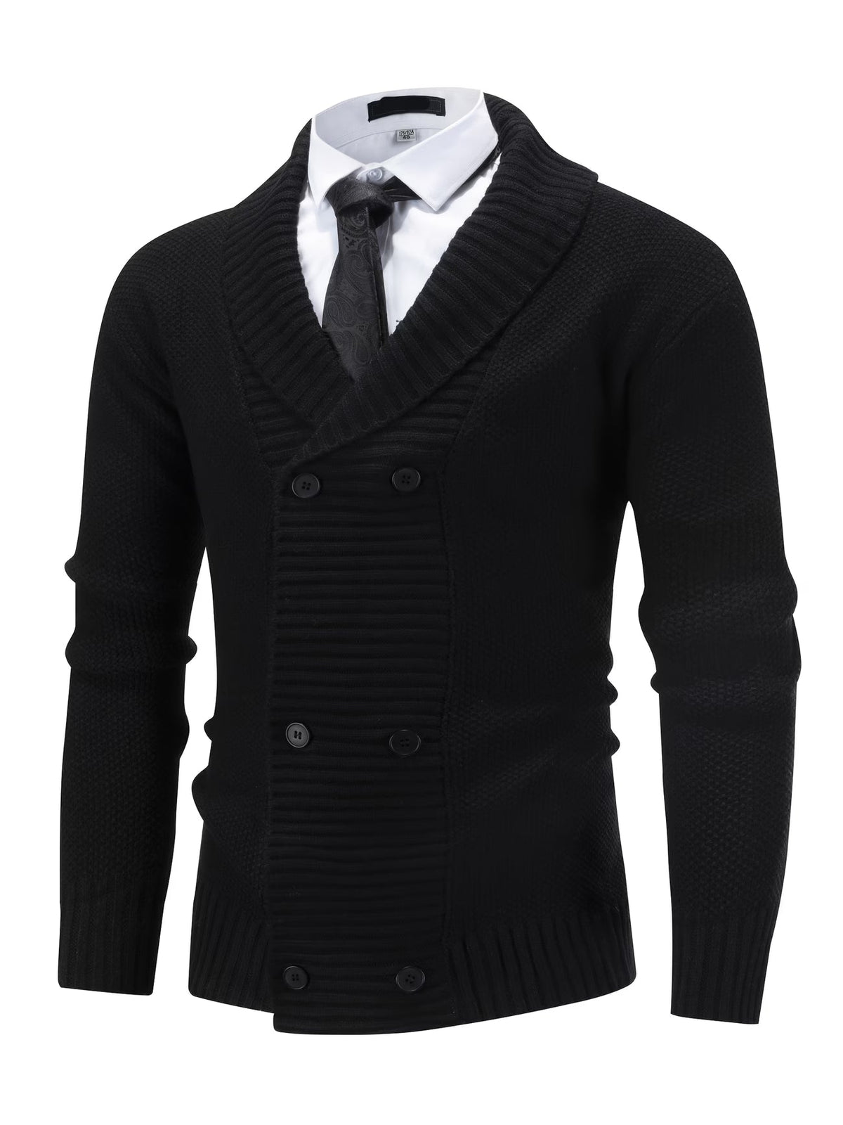 Charlie - Men’s smart double breasted rib knit cardigan with shawl collar
