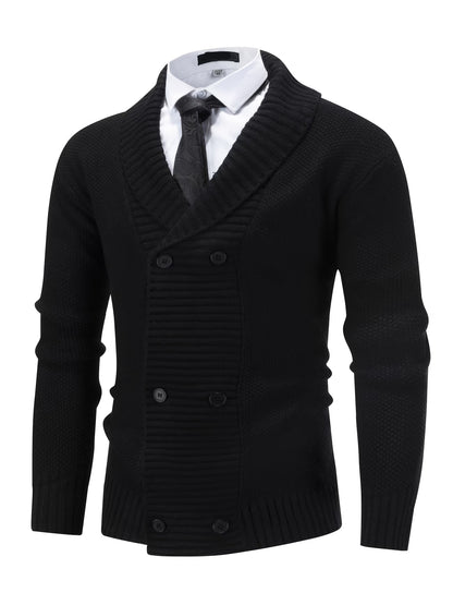Charlie - Men’s smart double breasted rib knit cardigan with shawl collar