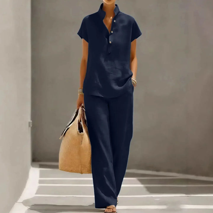 Charlotte - Boho Women's Linen Co-Ord Set with Mandarin Collar and Wide Leg Trousers