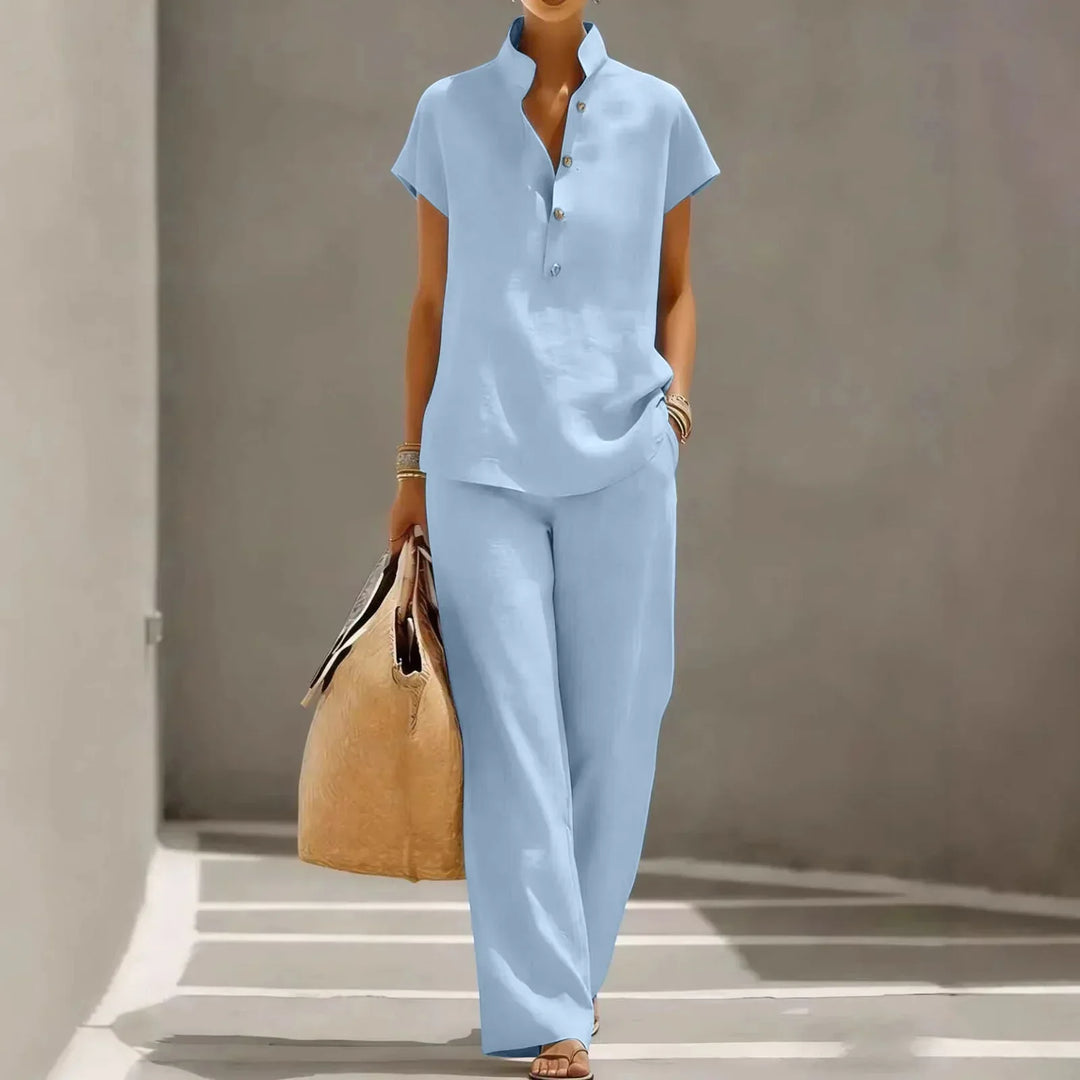Charlotte - Boho Women's Linen Co-Ord Set with Mandarin Collar and Wide Leg Trousers