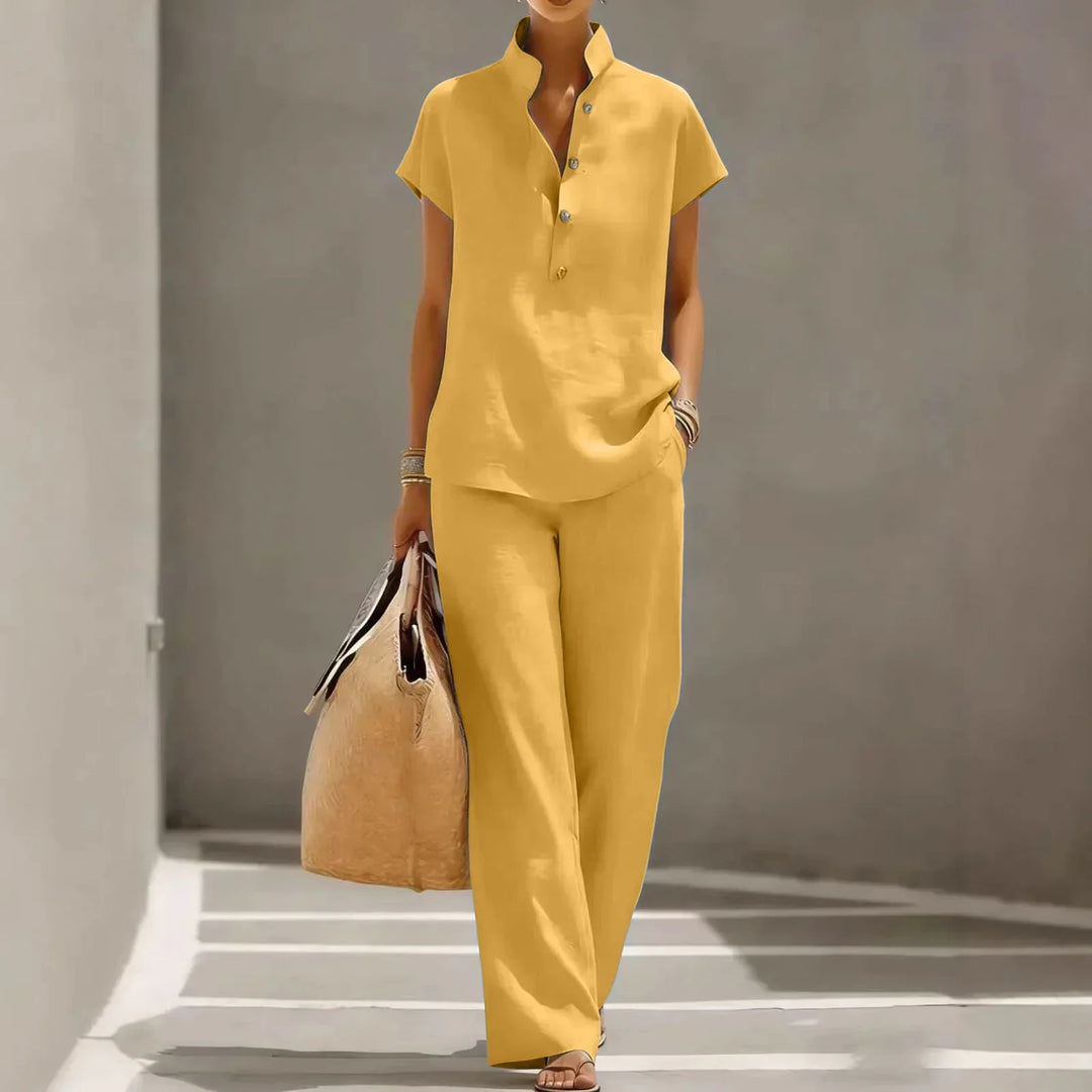 Charlotte - Boho Women's Linen Co-Ord Set with Mandarin Collar and Wide Leg Trousers