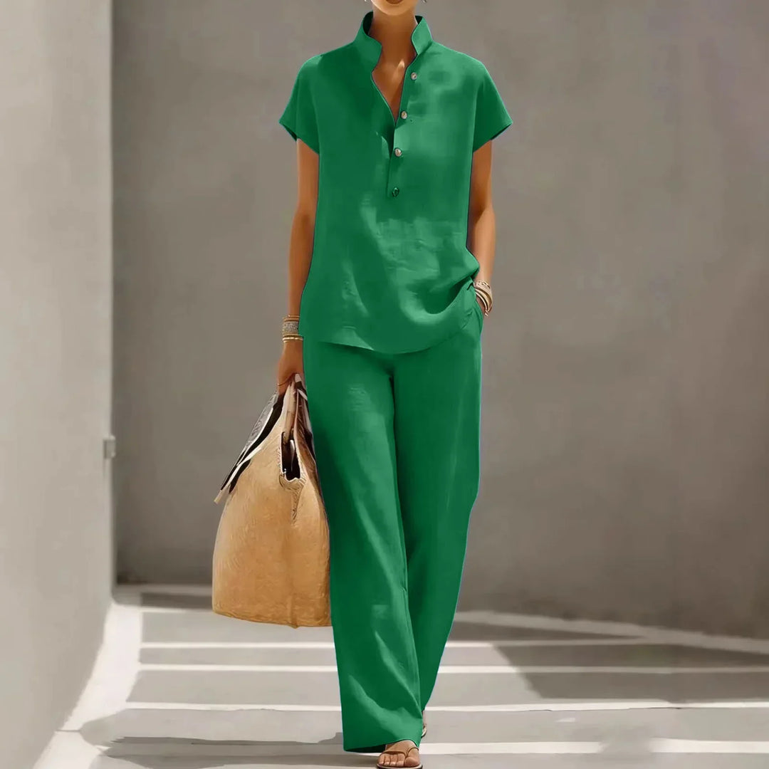 Charlotte - Boho Women's Linen Co-Ord Set with Mandarin Collar and Wide Leg Trousers