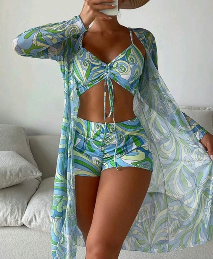 Charlotte - Boho Women's Swimsuit Set with Tie Front Bikini Top and Printed Cover Up Kimono