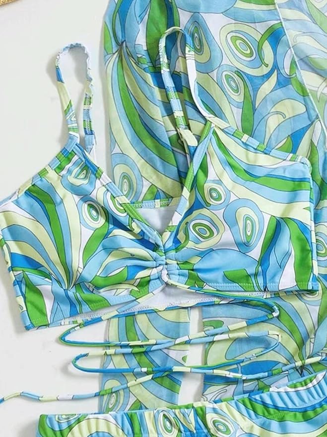 Charlotte - Boho Women's Swimsuit Set with Tie Front Bikini Top and Printed Cover Up Kimono