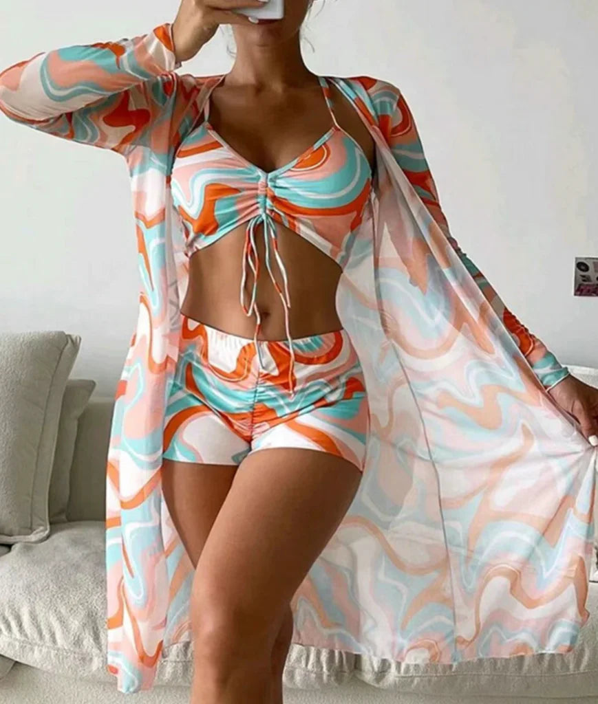 Charlotte - Boho Women's Swimsuit Set with Tie Front Bikini Top and Printed Cover Up Kimono