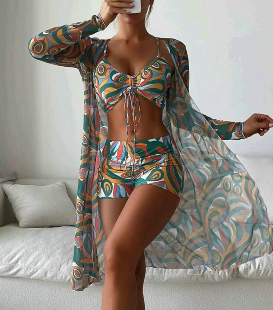 Charlotte - Boho Women's Swimsuit Set with Tie Front Bikini Top and Printed Cover Up Kimono