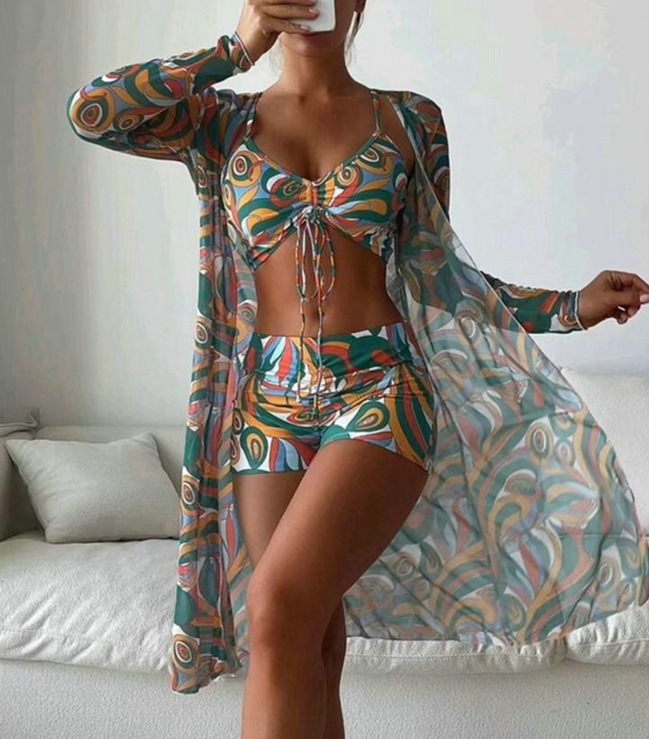 Charlotte - Boho Women's Swimsuit Set with Tie Front Bikini Top and Printed Cover Up Kimono