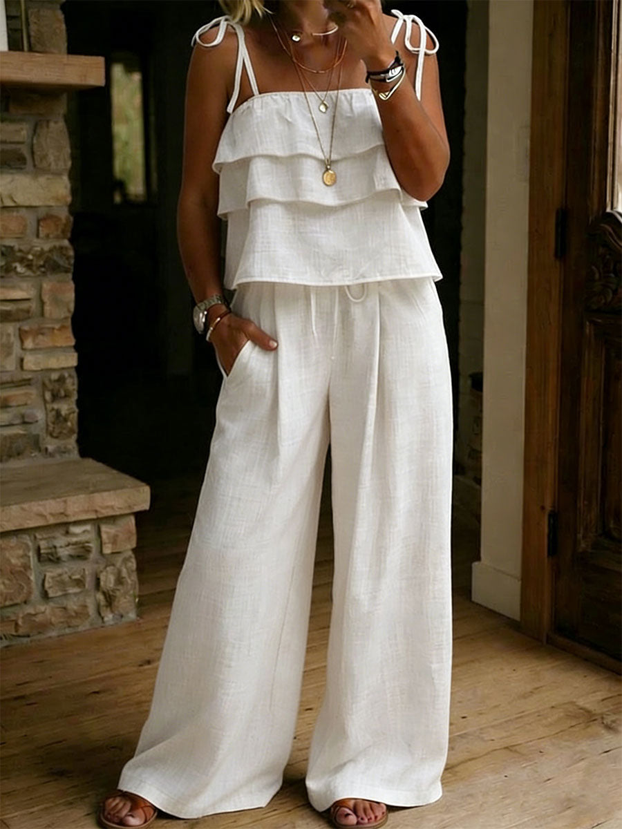 Charlotte - Casual Women's Linen Set with Tiered Ruffle Top and Wide Leg Trousers