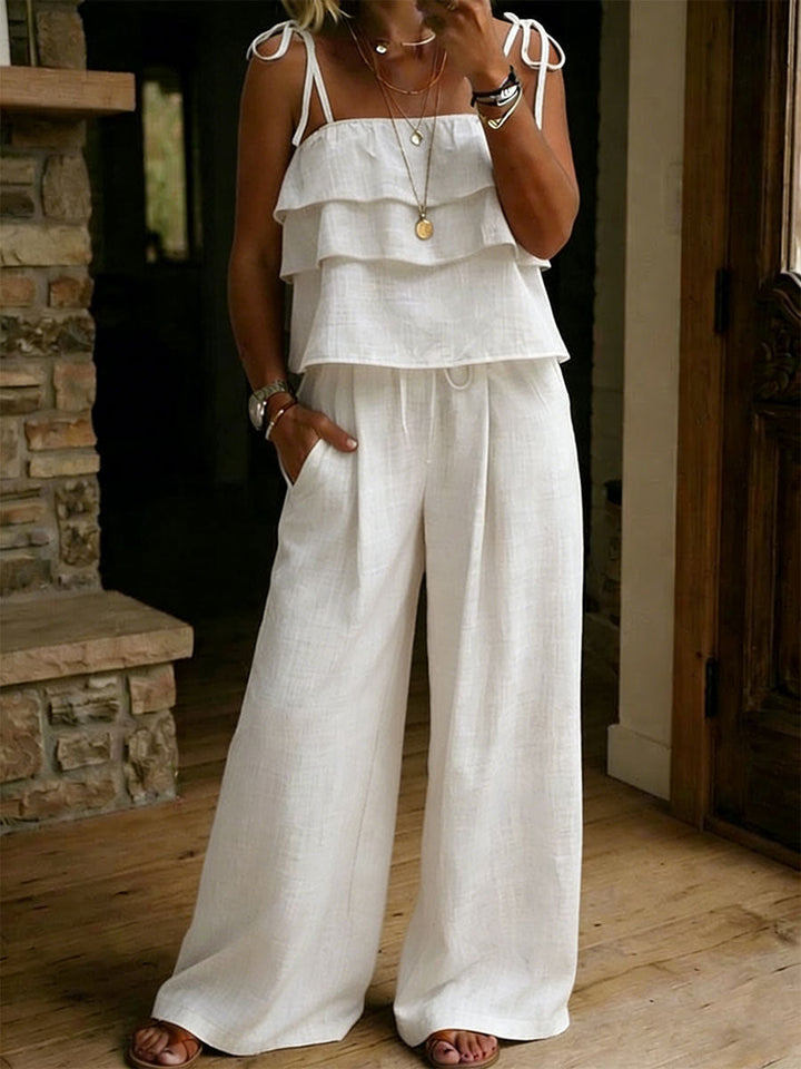 Charlotte - Casual Women's Linen Set with Tiered Ruffle Top and Wide Leg Trousers