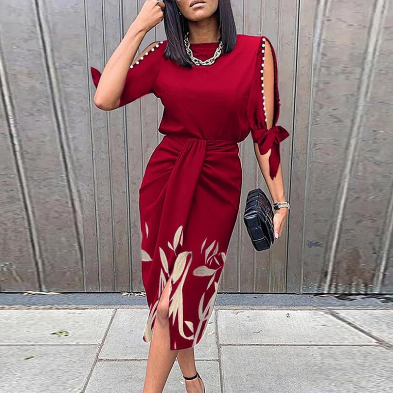 Charlotte - Chic Women's Wedding Guest Dress with Cold-Shoulder Sleeves and Tie Waist