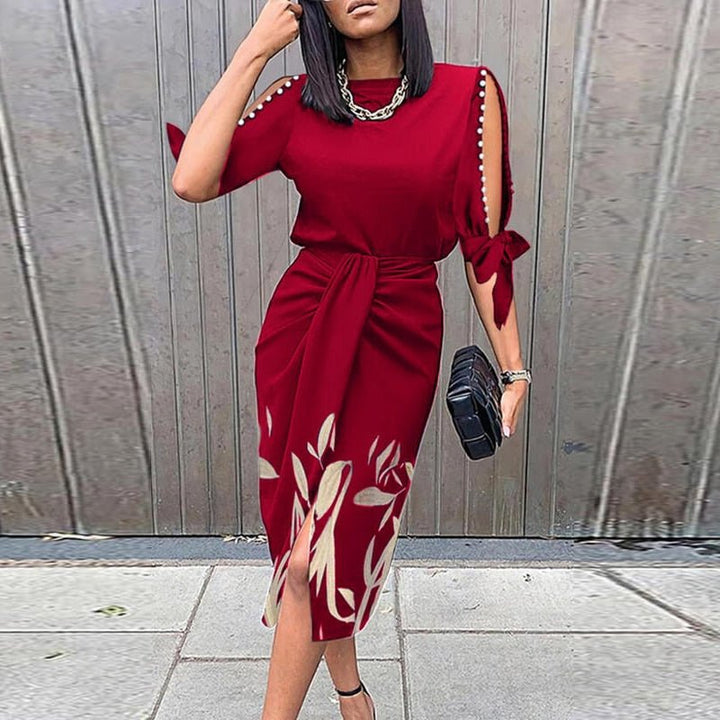Charlotte - Chic Women's Wedding Guest Dress with Cold-Shoulder Sleeves and Tie Waist