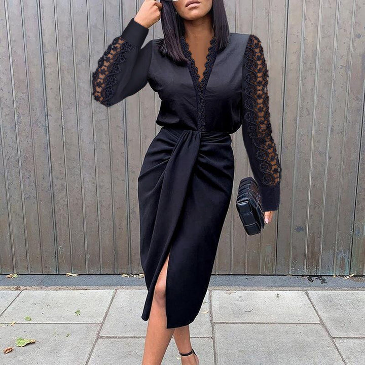 Charlotte - Chic Women's Wedding Guest Dress with Cold-Shoulder Sleeves and Tie Waist