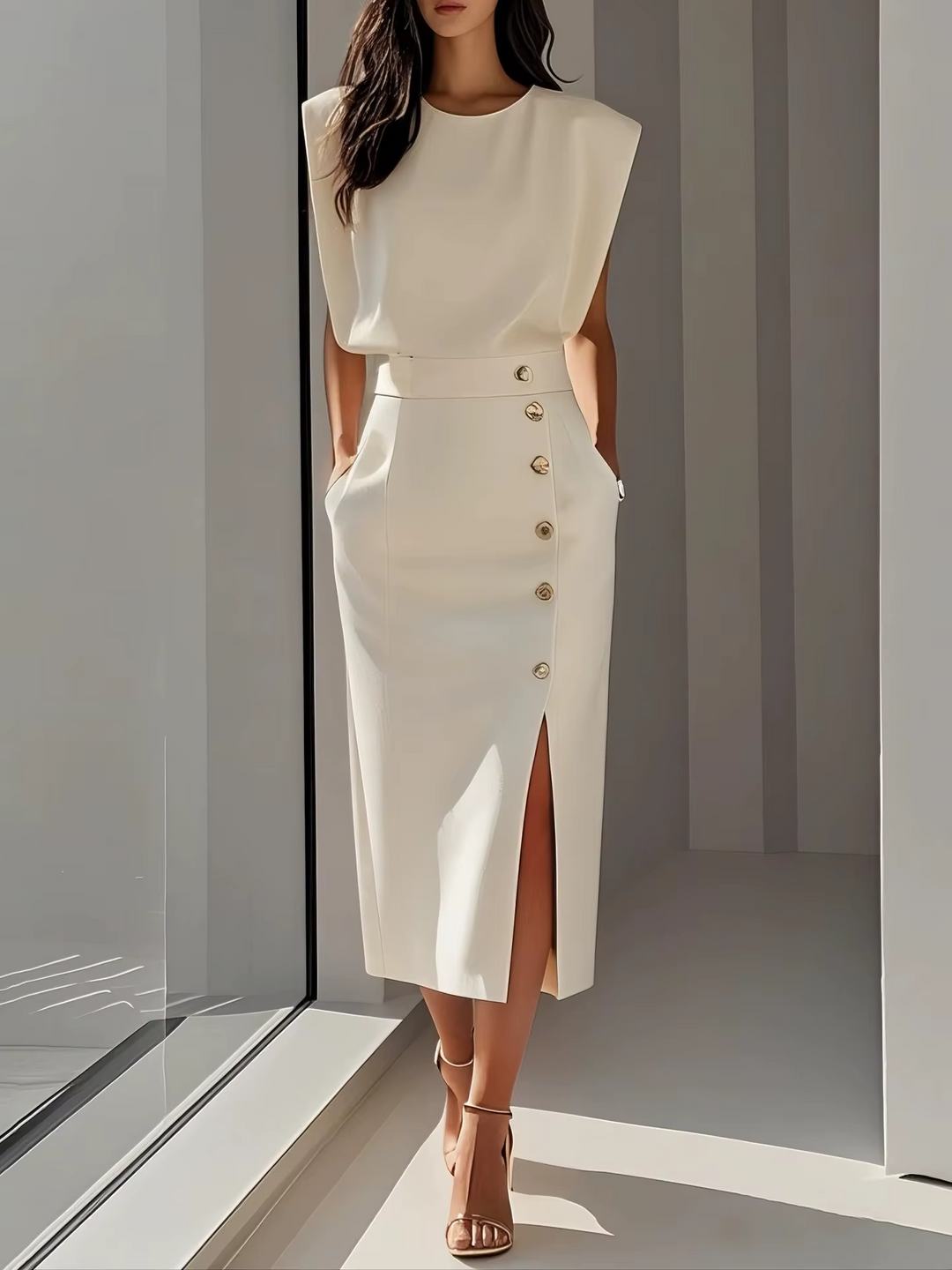 Charlotte - Chic Women's Wedding Guest Dress with Padded Shoulders and Gold Button Split Midi
