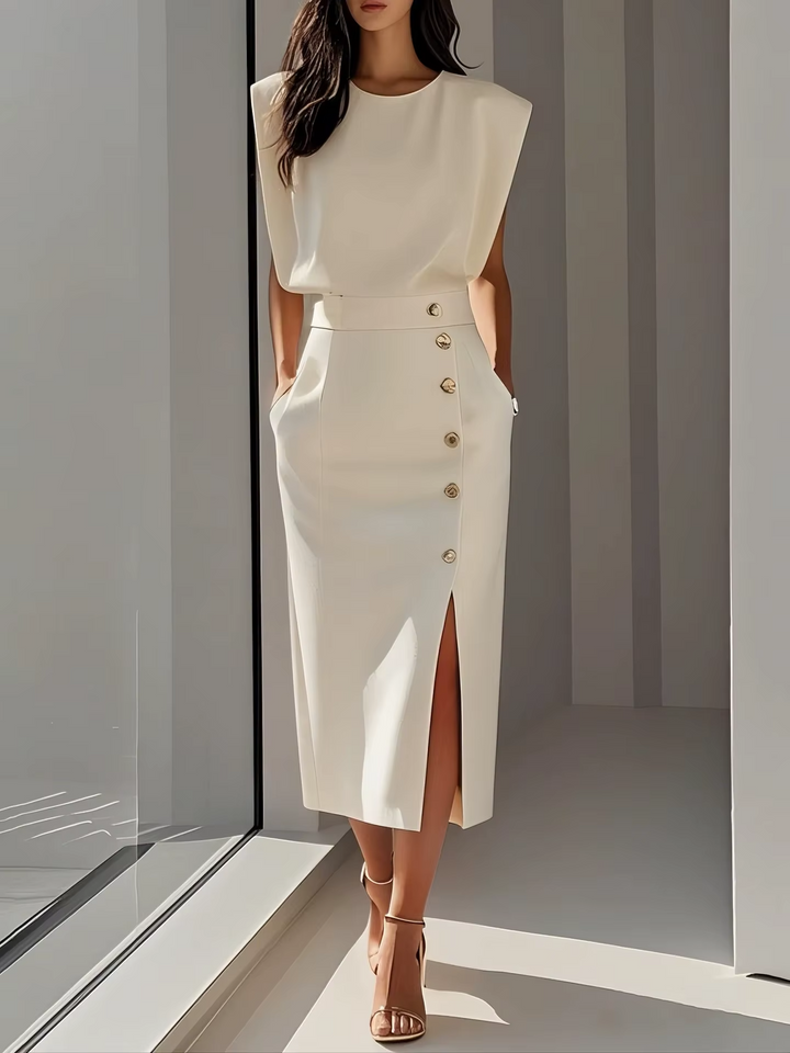 Charlotte - Chic Women's Wedding Guest Dress with Padded Shoulders and Gold Button Split Midi