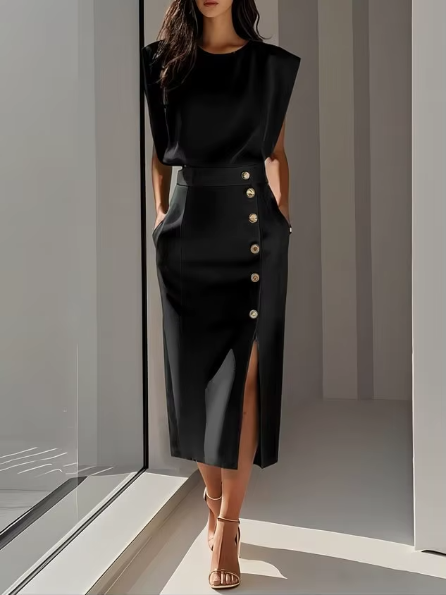 Charlotte - Chic Women's Wedding Guest Dress with Padded Shoulders and Gold Button Split Midi
