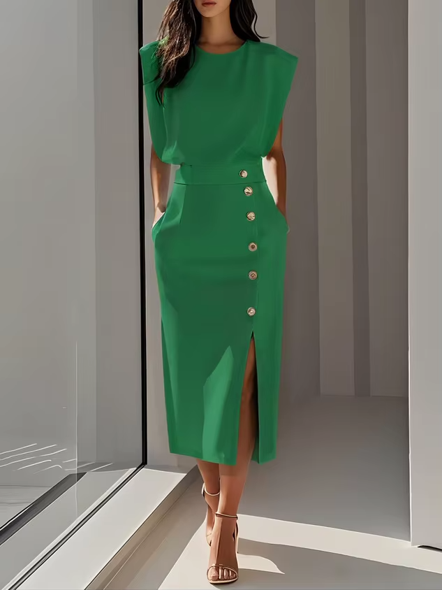 Charlotte - Chic Women's Wedding Guest Dress with Padded Shoulders and Gold Button Split Midi
