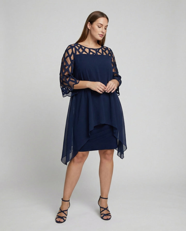 Charlotte - Elegant Plus Size Dress for Women with Sheer Cutwork Sleeves and Asymmetric Hem